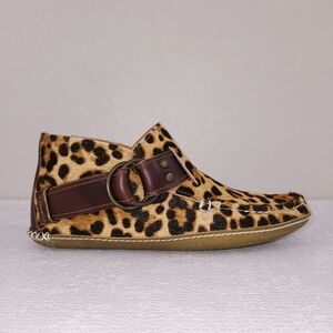 Quoddy Ring Moccasin Ankle Booties Leopard Print Fur Leather US 7